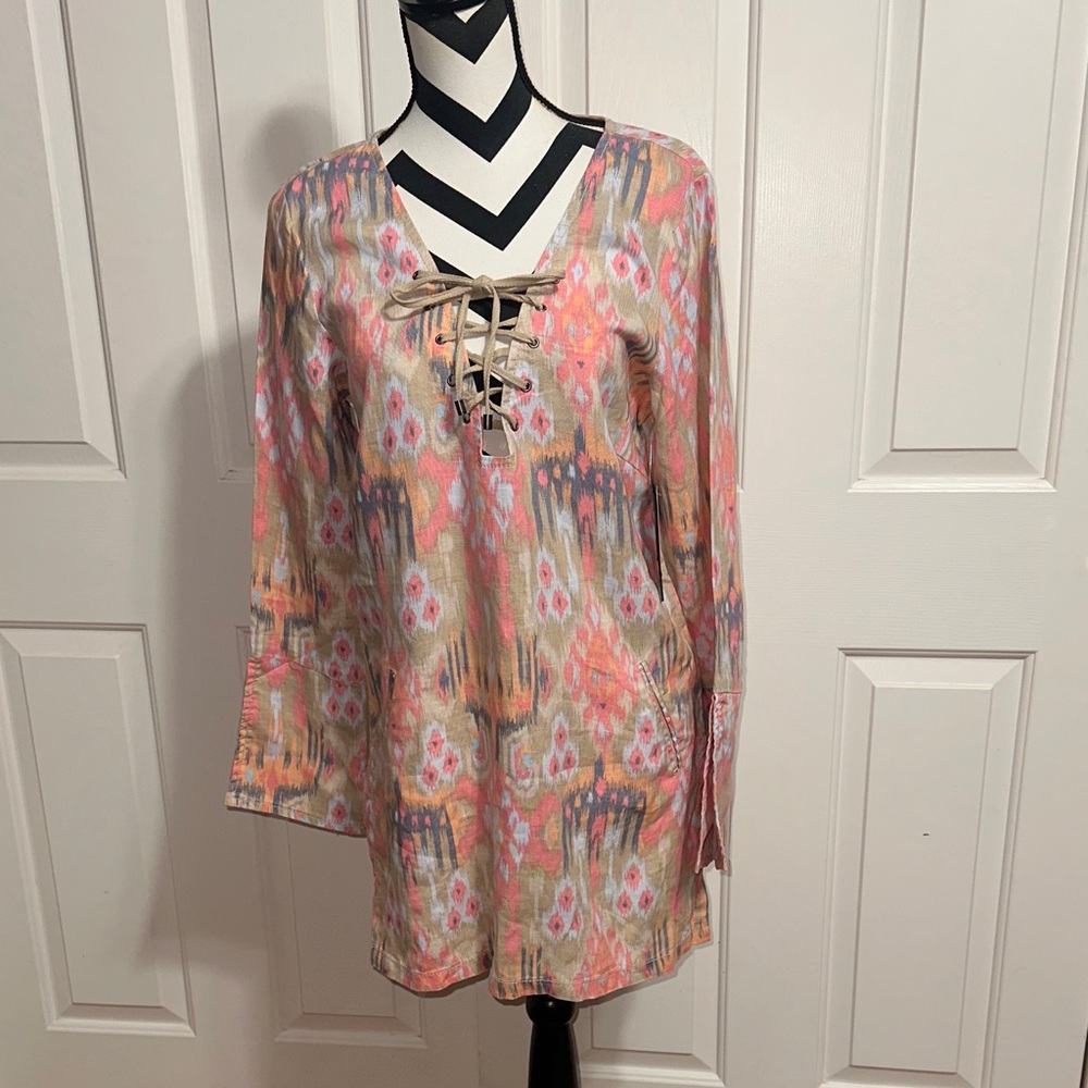 Marrakech Women's Multicolor Lace-Up Linen Tunic Top